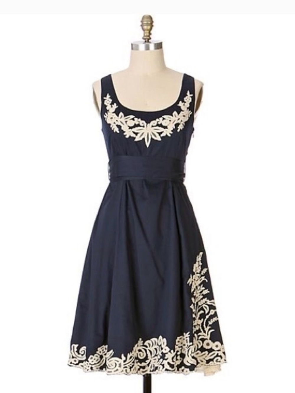 Anthropologie Navy Midi Dress with Cream Floral Embroidery